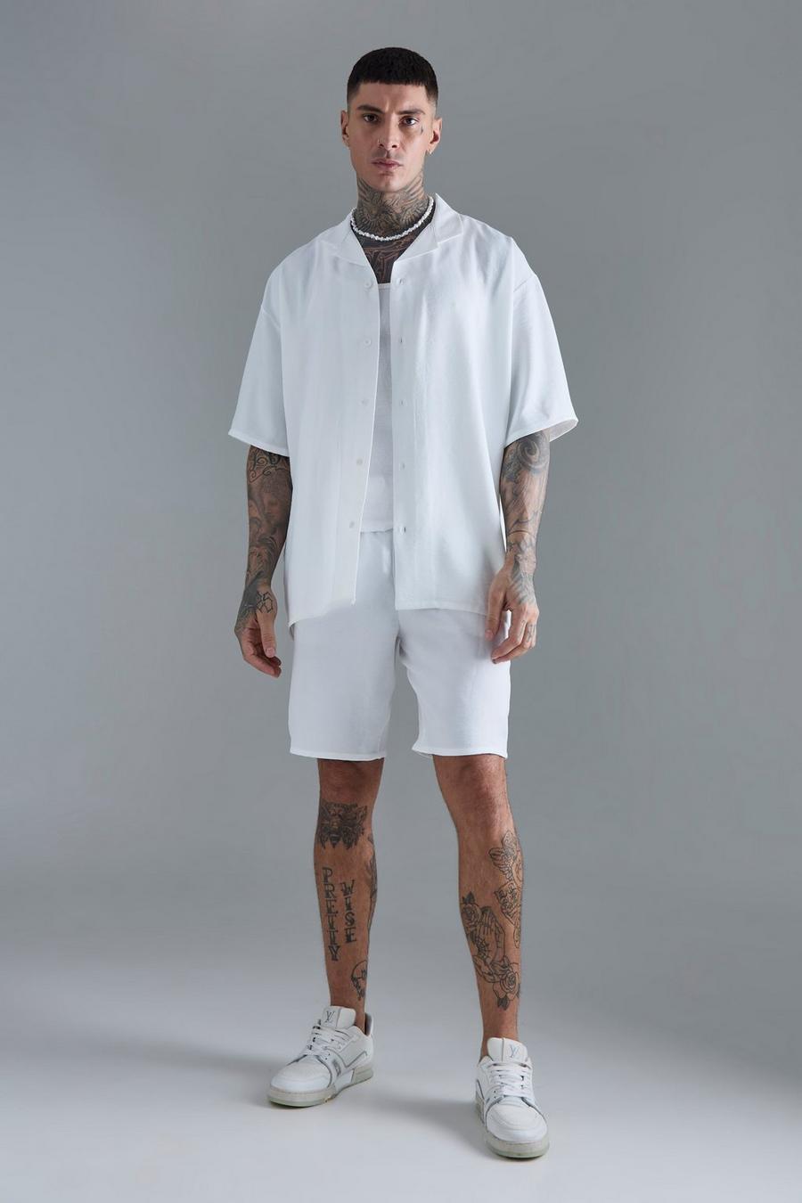 Tall Short Sleeve Oversized Linen Shirt & Short Set In White image number 1