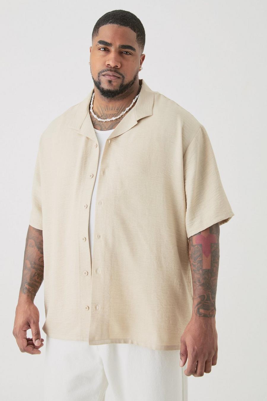 Plus Short Sleeve Drop Revere Linen Shirt In Natural