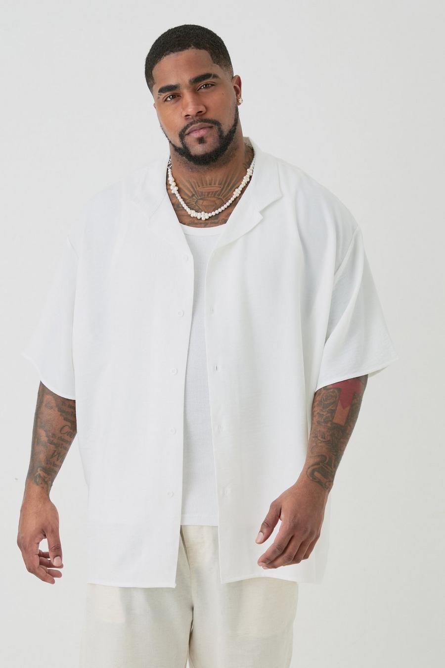 Camicia Plus Size oversize a maniche corte in lino bianca, White image number 1