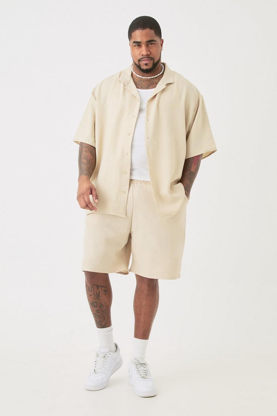 Natural Plus Linneskjorta med bowlingkrage och shorts i naturfärgat material
