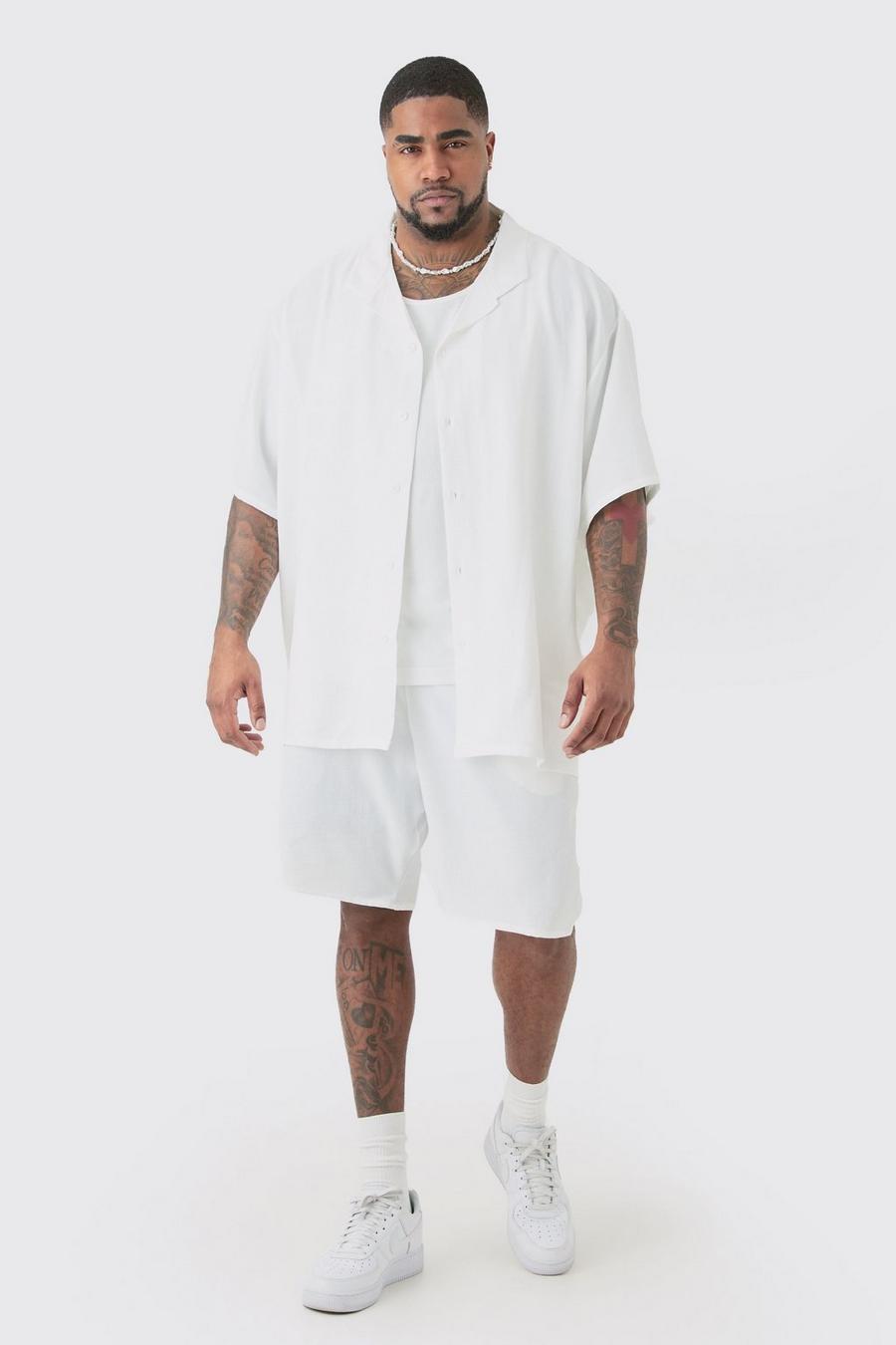 Plus Short Sleeve Oversized Linen Shirt & Short Set In White image number 1