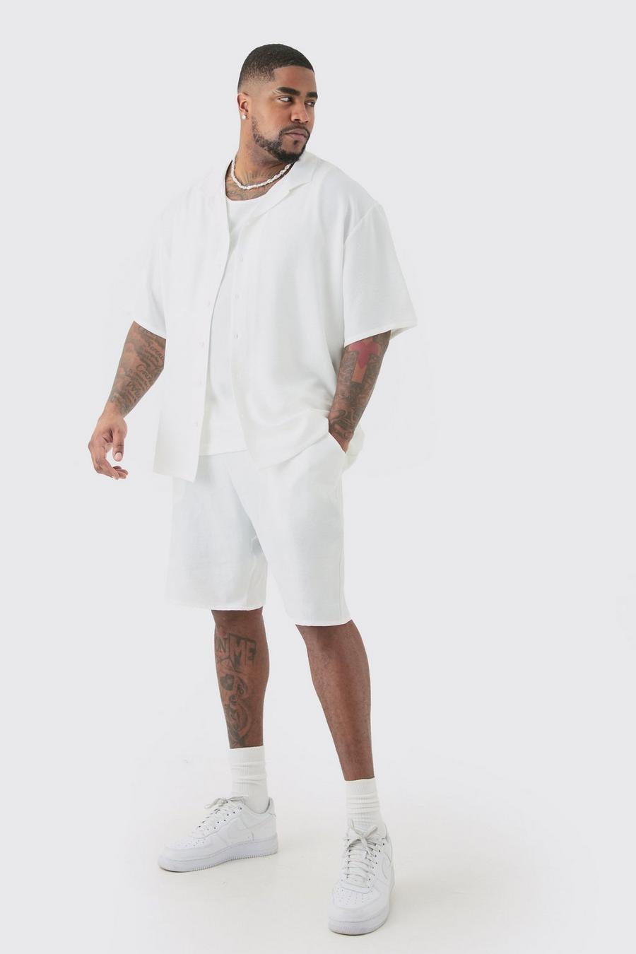 Conjunto Plus de pantalón corto y camisa de lino de manga corta con solapas en blanco, White
