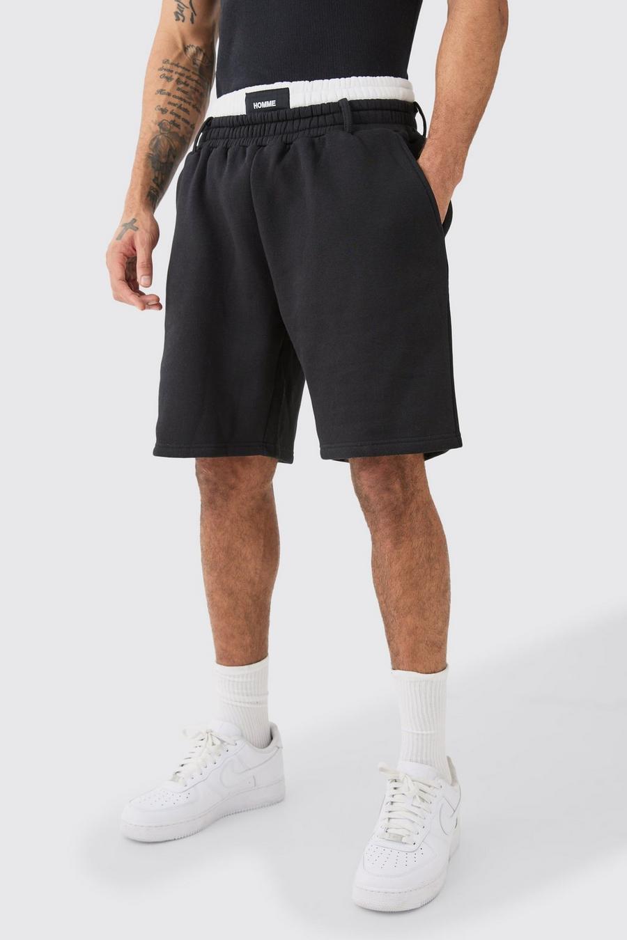 Lockere Shorts mit doppeltem Bund, Black