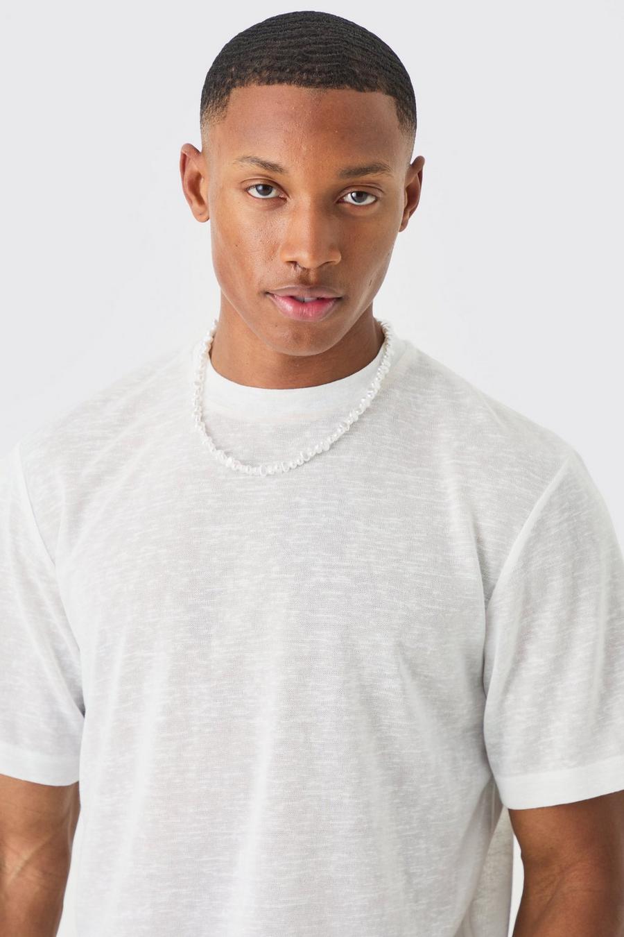 White Doorschijnend Gebreid Regular Fit Slub T-Shirt image number 1