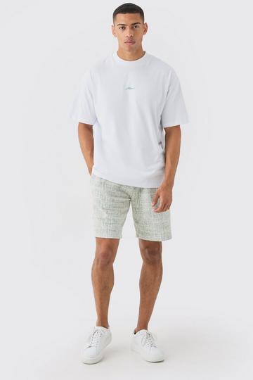 Man Oversized Extended Neck T-shirt And Textured Shorts Set green