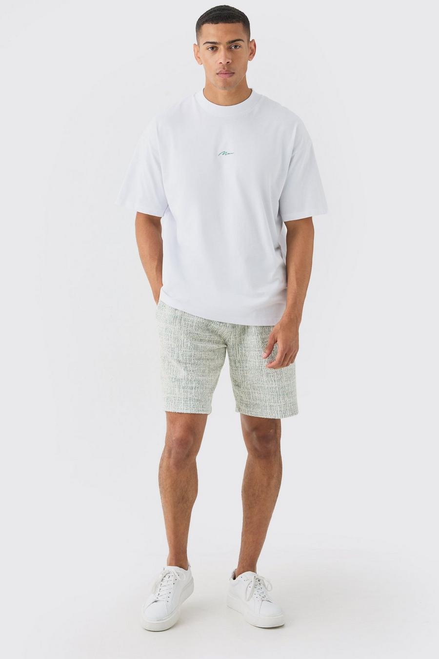 Man Oversized Extended Neck T-shirt And Textured Shorts Set, Green