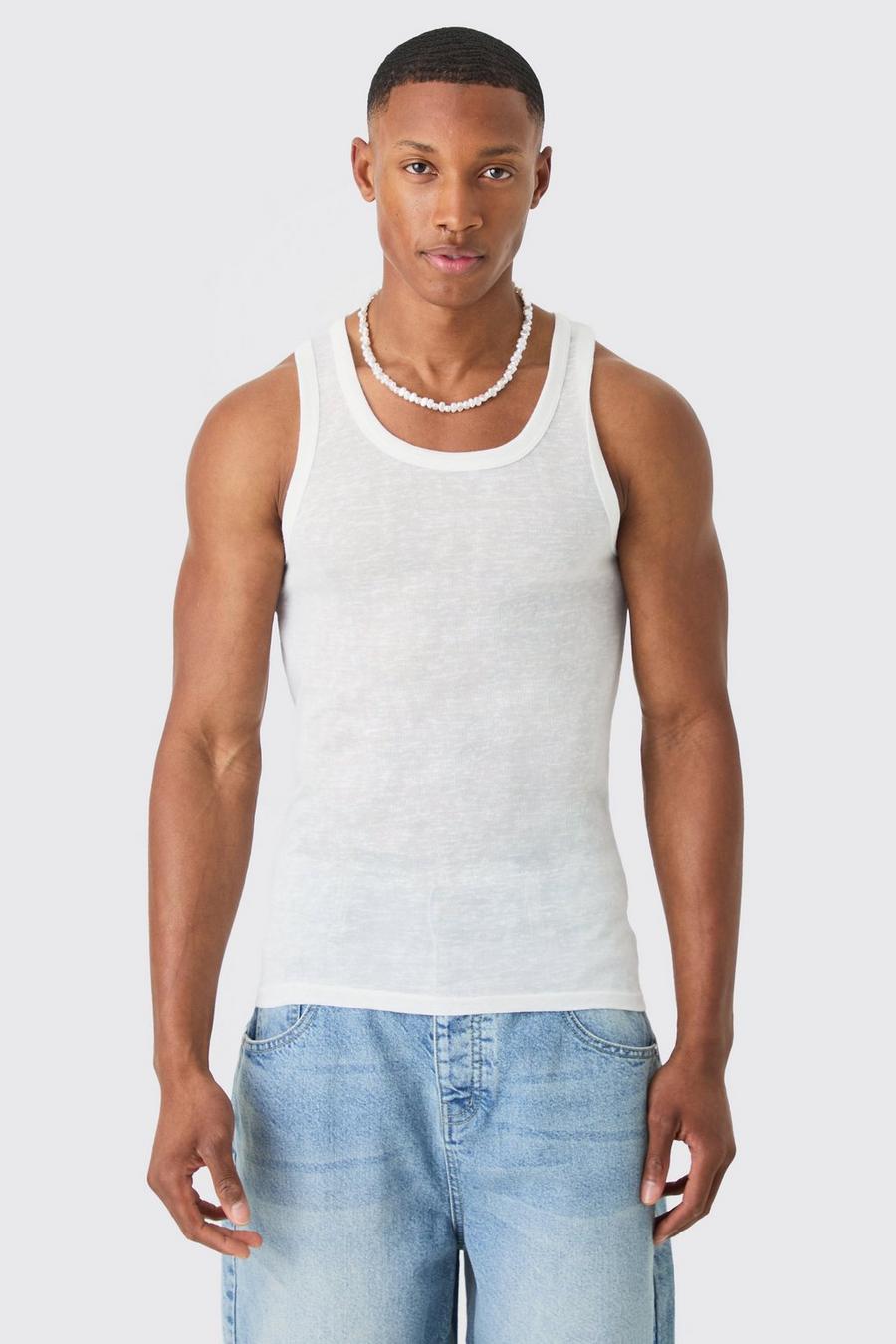White Sheer Knitted Slub Muscle Fit Vest image number 1