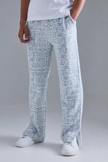 Blue Relaxed Fit Split Hem Jacquard Sweatpants