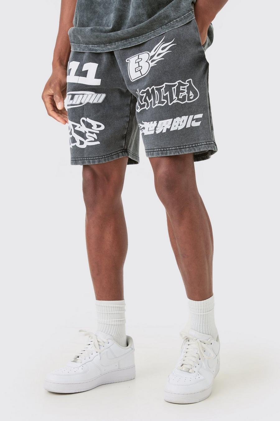 Black Loose fit shorts med tryck och tvättad effekt image number 1