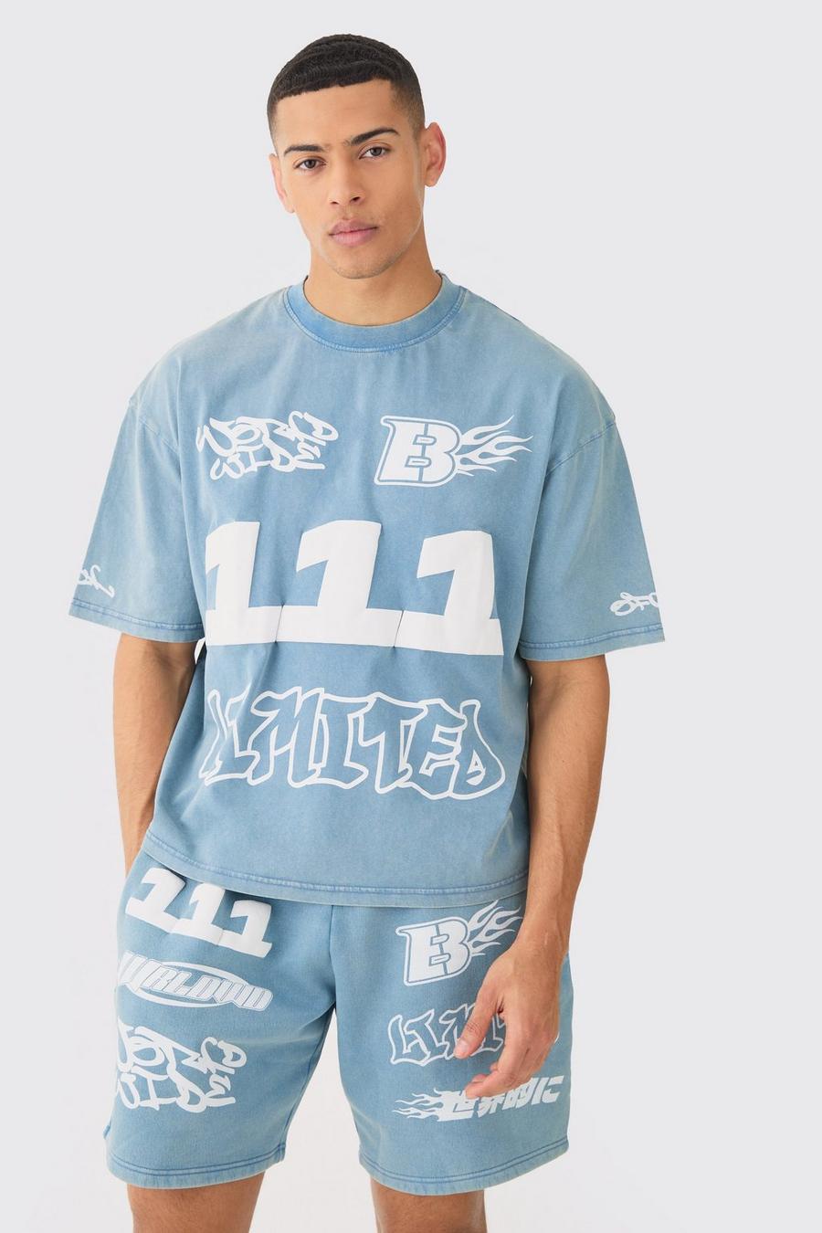 T-shirt oversize délavé à col montant et imprimé moto, Slate blue image number 1