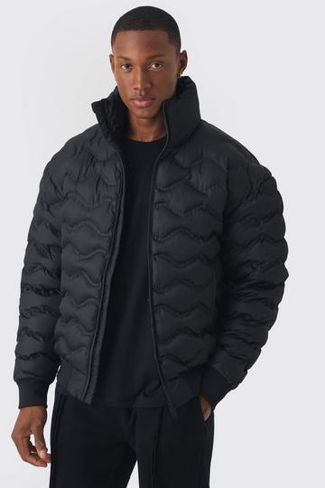 Black Quilted Padded Bomber Jacket In Black