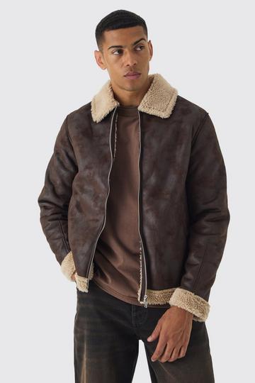 Faux Suede Aviator Jacket In Brown brown