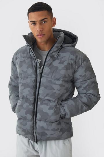 Grey Reflective Camo Hooded Puffer Coat