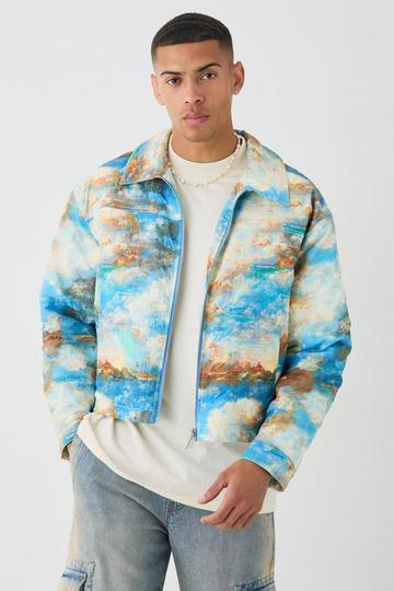 Boxy Abstract Print Harrington Jacket In Blue blue