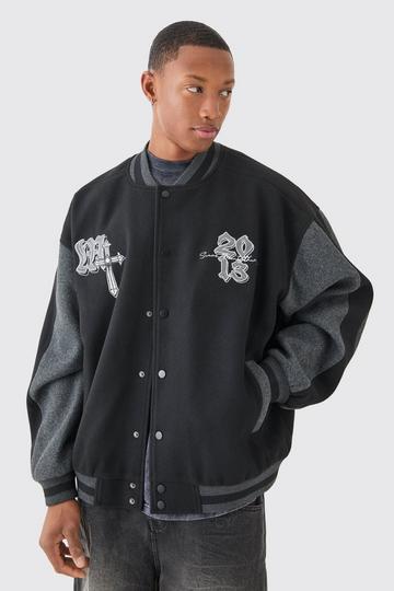 Black Oversized Official Color Block Varsity Jacket In Black