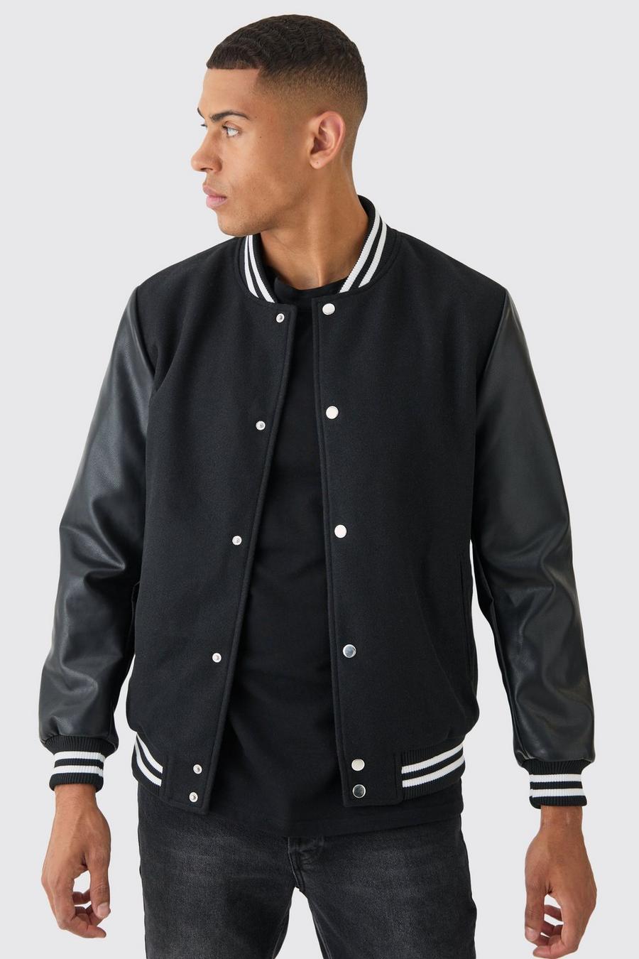 Plain Melton And Pu Sleeve Varsity Jacket In Black | boohoo USA Plain Melton And Pu Sleeve Varsity Jacket In Black | boohoo USA