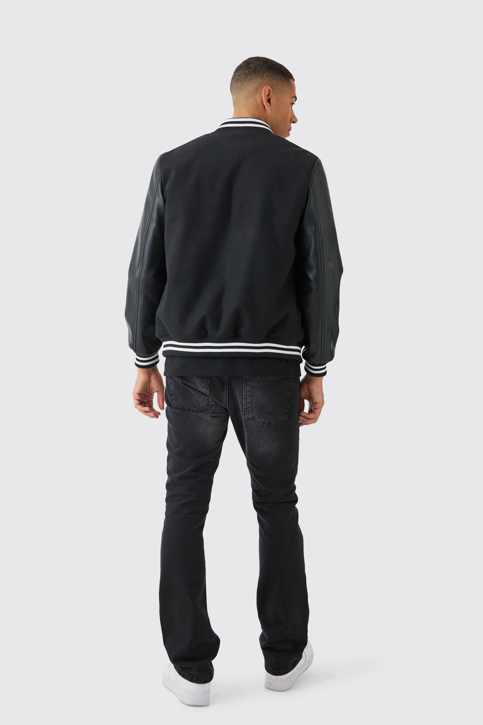 Plain Melton And Pu Sleeve Varsity Jacket In Black | boohoo USA Plain Melton And Pu Sleeve Varsity Jacket In Black | boohoo USA