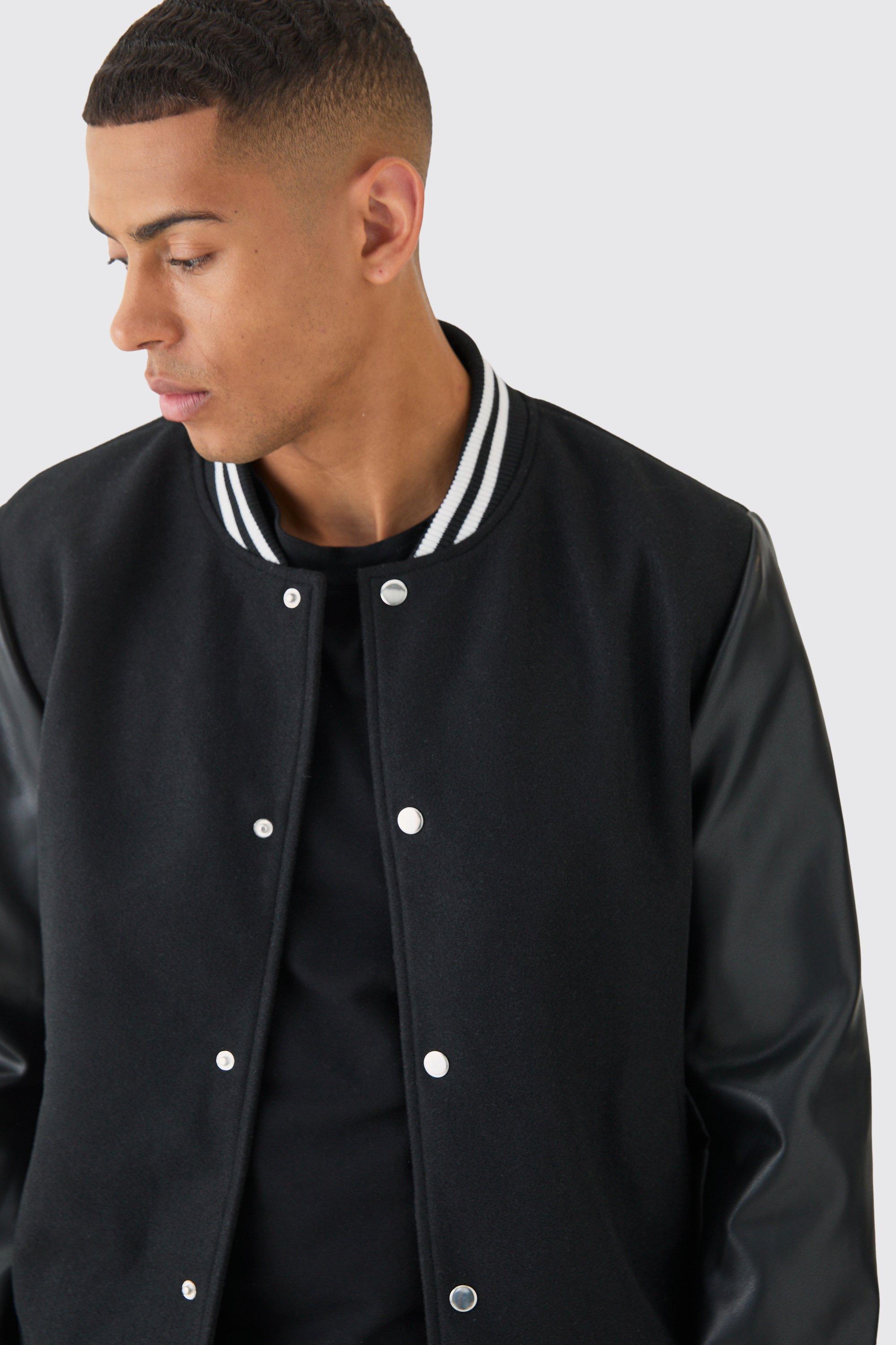 Plain Melton And Pu Sleeve Varsity Jacket In Black | boohoo USA Plain Melton And Pu Sleeve Varsity Jacket In Black | boohoo USA
