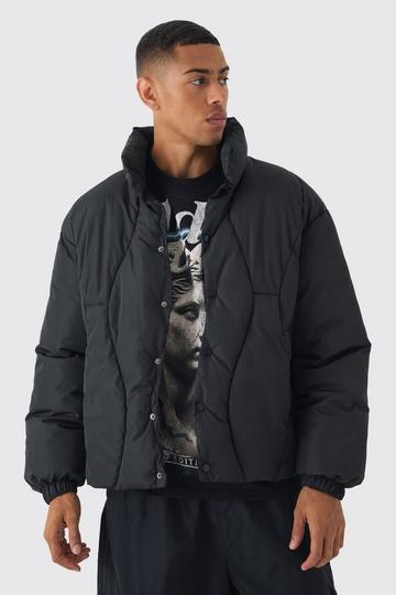 Abstract Quilted Funnel Neck Puffer In Black black