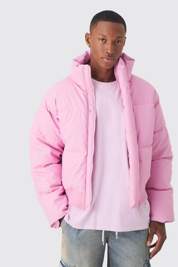 Pink Boxy Matte PU Funnel Neck Puffer In Pink