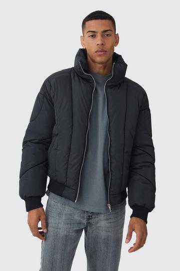 Boxy Abstract Quilted Funnel Neck Puffer In Black black