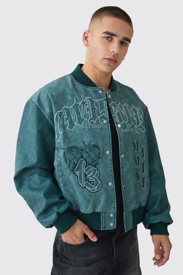 Blue Boxy Tonal Badge Tumbled Pu Varsity Jacket In Blue