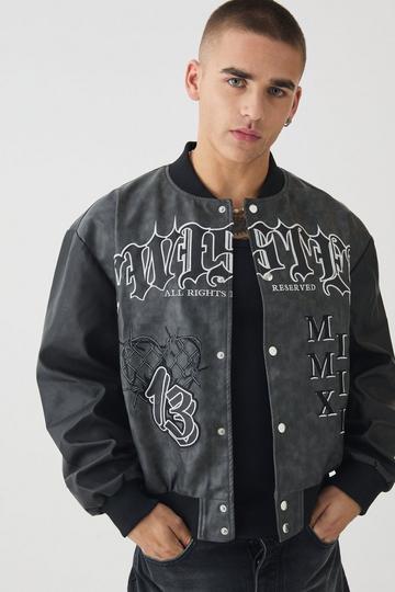 Black Boxy Tonal Badge Tumbled Pu Varsity Jacket In Black