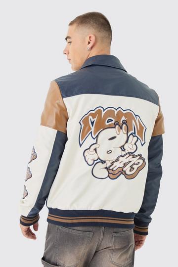 Badge Detail Color Block Pu Varsity Jacket In Navy navy