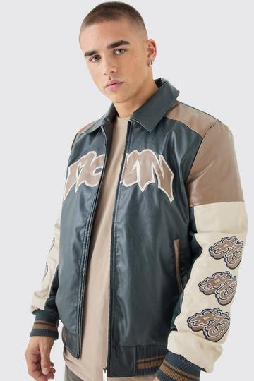 Badge Detail Color Block Pu Varsity Jacket In Black black