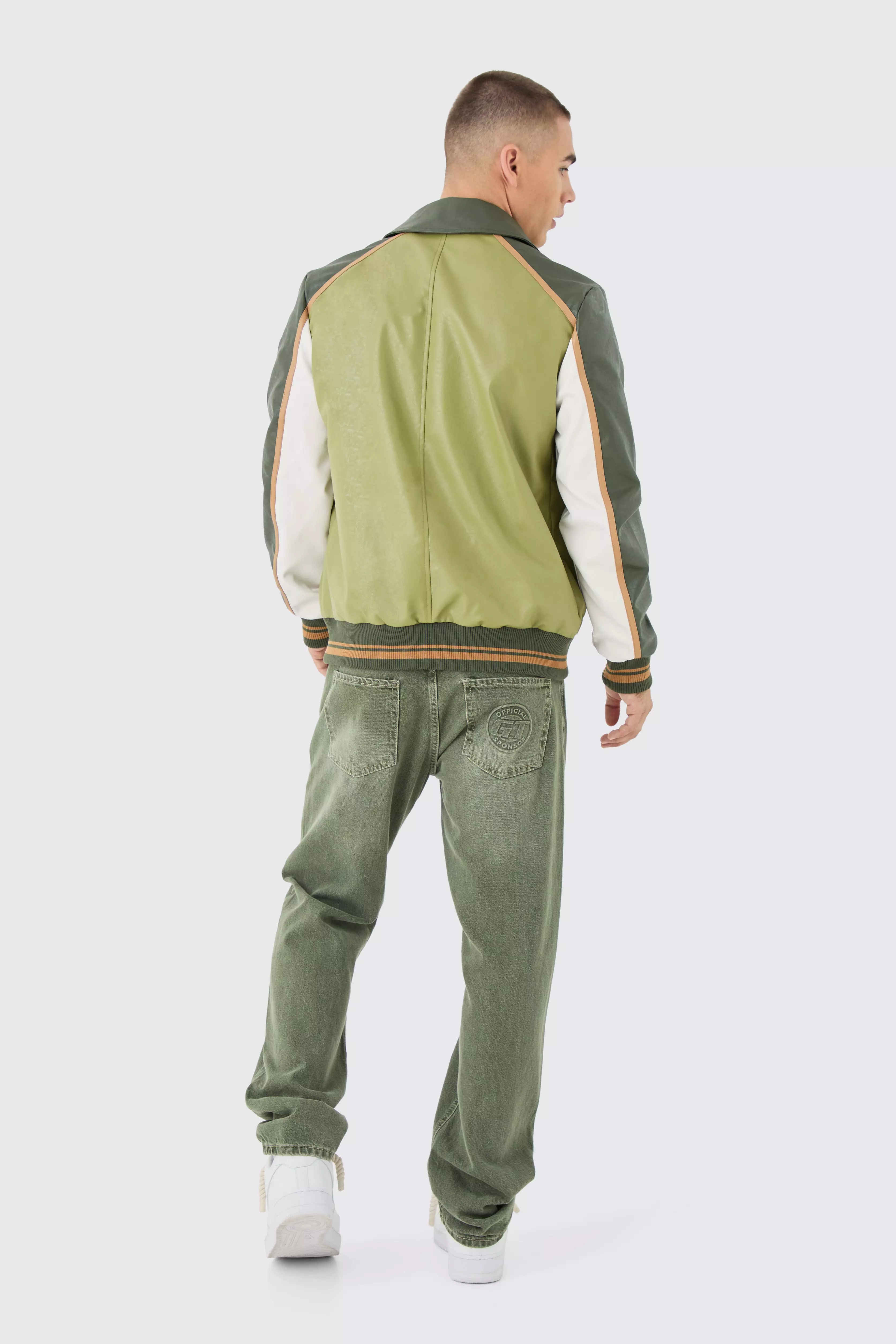 Bm Badge Collared Pu Varsity Jacket In Green alternative image