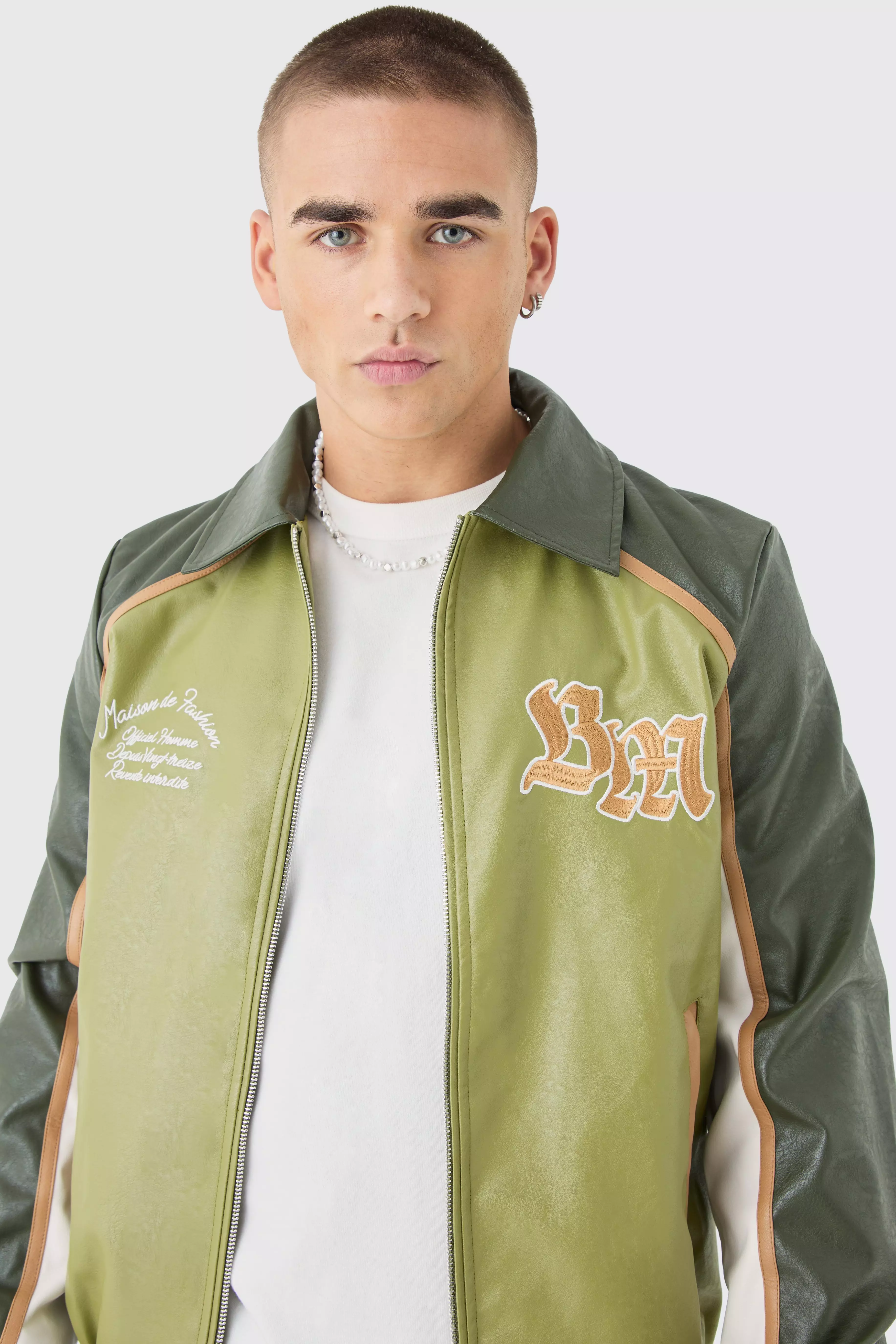 Bm Badge Collared Pu Varsity Jacket In Green alternative image