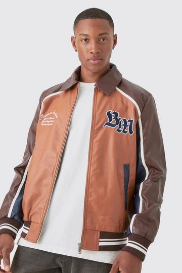 Brown Bm Badge Collared Pu Varsity Jacket In Brown