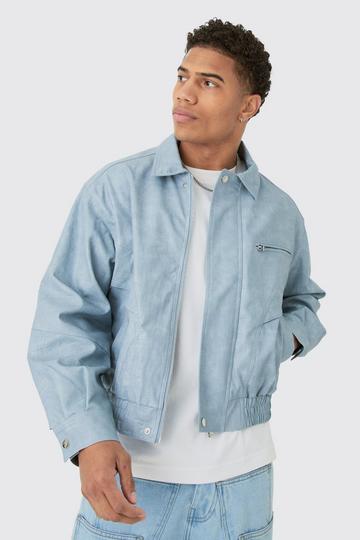 Blue Boxy Textured PU Bomber In Blue