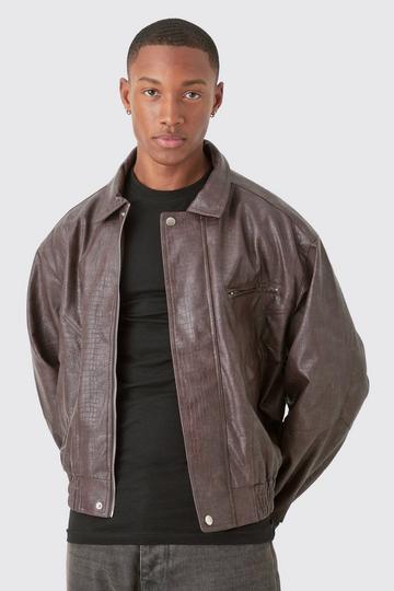 Brown Boxy Textured PU Bomber Jacket In Brown