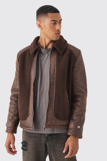 Brown Washed PU And Borg Panel Harrington Jacket In Brown