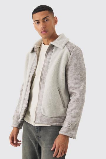 Washed PU And Borg Panel Harrington Jacket In Grey grey