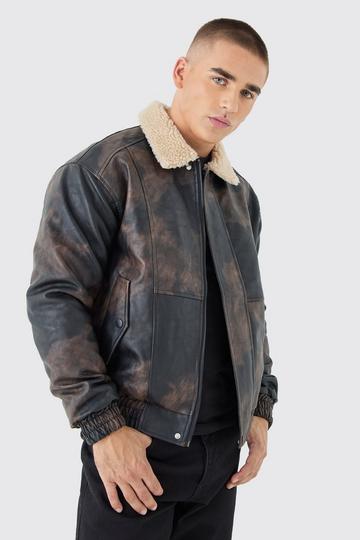 Brown Boxy Fit Washed PU Borg Collar Bomber Jacket In Brown