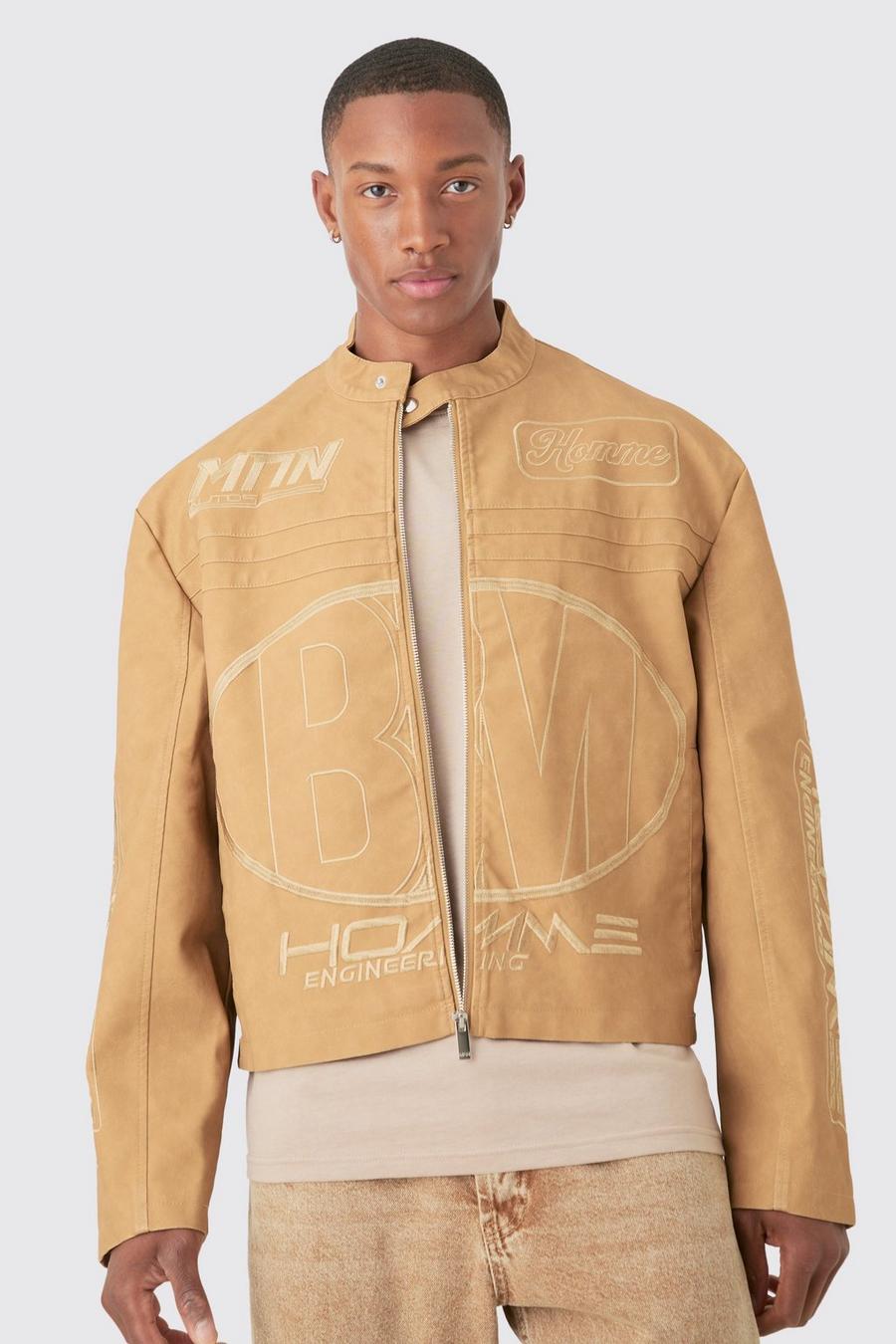 Boxy Embossed Pu Moto Jacket In Sand | boohoo Boxy Embossed Pu Moto Jacket In Sand | boohoo