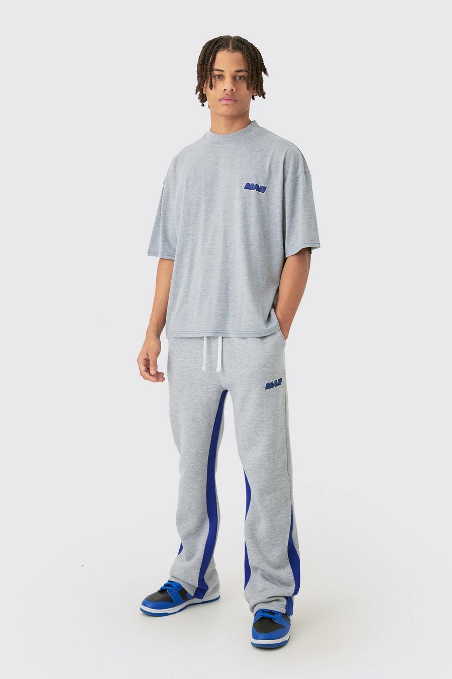 Grey marl Man Oversized Boxy T-Shirt Met Contrasterende Stiksels En Joggingbroek Set