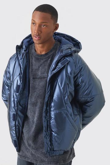 Oversized Metallic Hooded Puffer In Navy navy