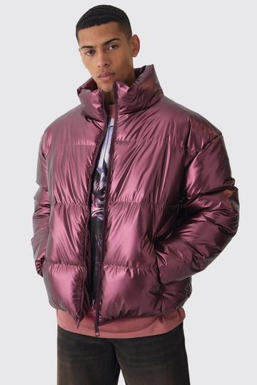 Metallic Funnel Neck Puffer In Wine wine