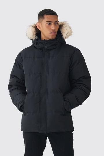 Black Hooded Puffer With Removeable Faux Fur Trim In Black