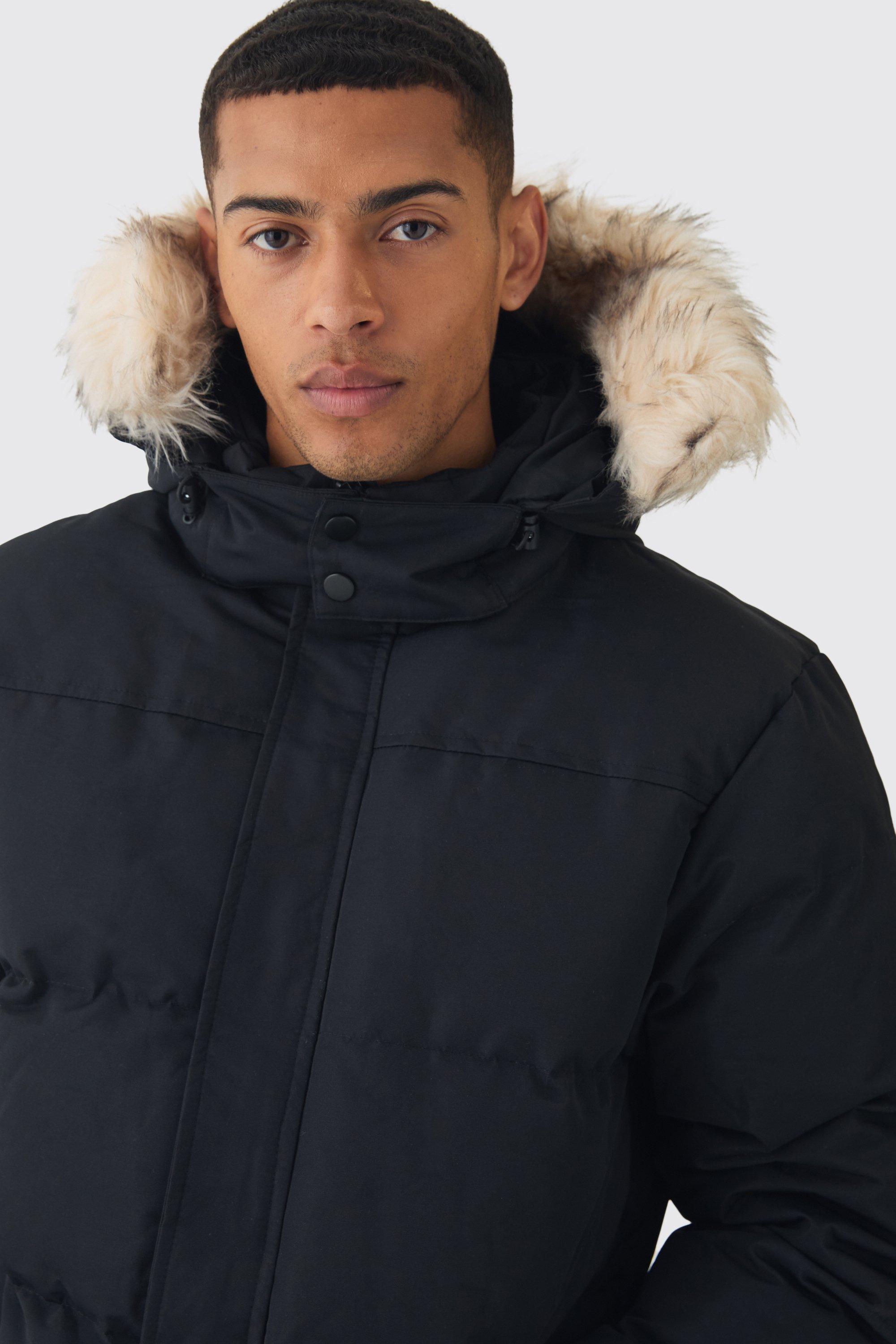Hooded Puffer With Removeable Faux Fur Trim In Black