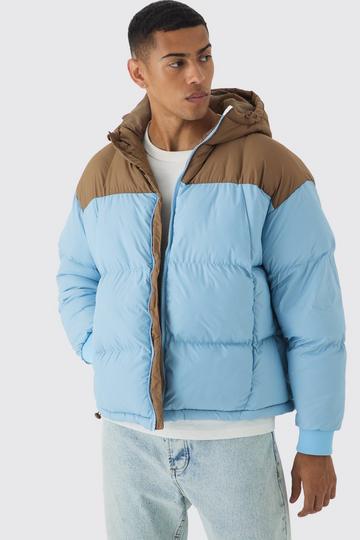 Boxy Curved Quilted Colour Block Hooded Puffer In Light Blue light blue