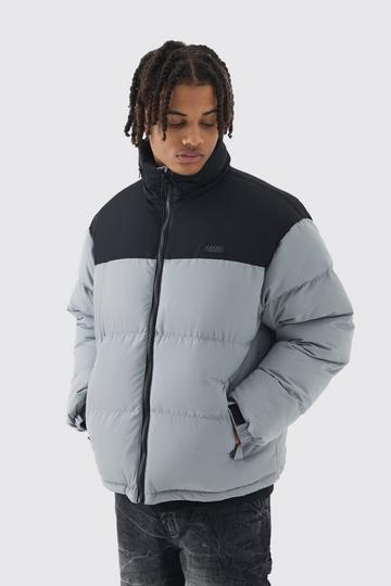 Man Tab Color Block Concealed Hood Puffer Coat In Grey grey