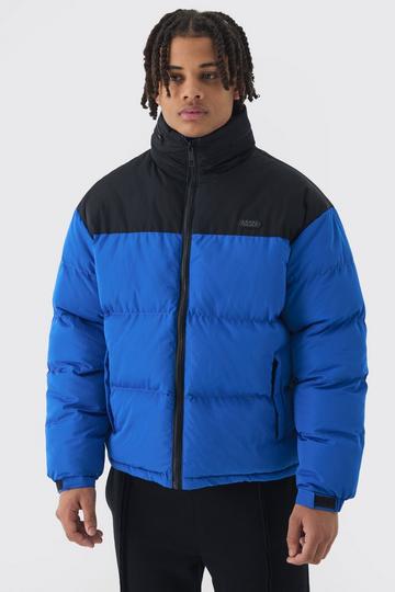 Man Tab Color Block Concealed Hood Puffer Coat In Blue blue