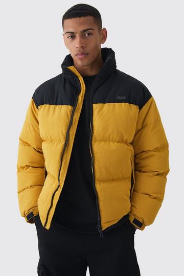 Yellow Man Tab Colour Block Concealed Hood Puffer Coat In Mustard