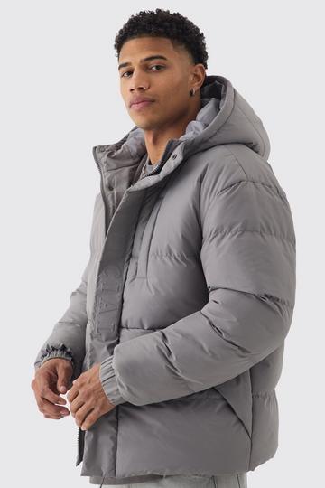 Official Embossed Hooded Puffer Coat In Charcoal charcoal