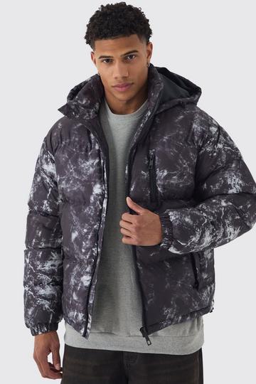 Printed Hooded Puffer Coat In Charcoal charcoal