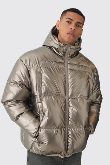 High Shine Hooded Quilted Puffer In Brown brown